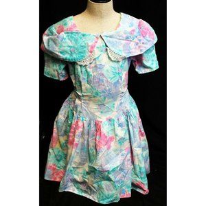 VTG 1990s Misty Rose Dress Girls Sz 10 Blue Pink Watercolor Floral Short Sleeve